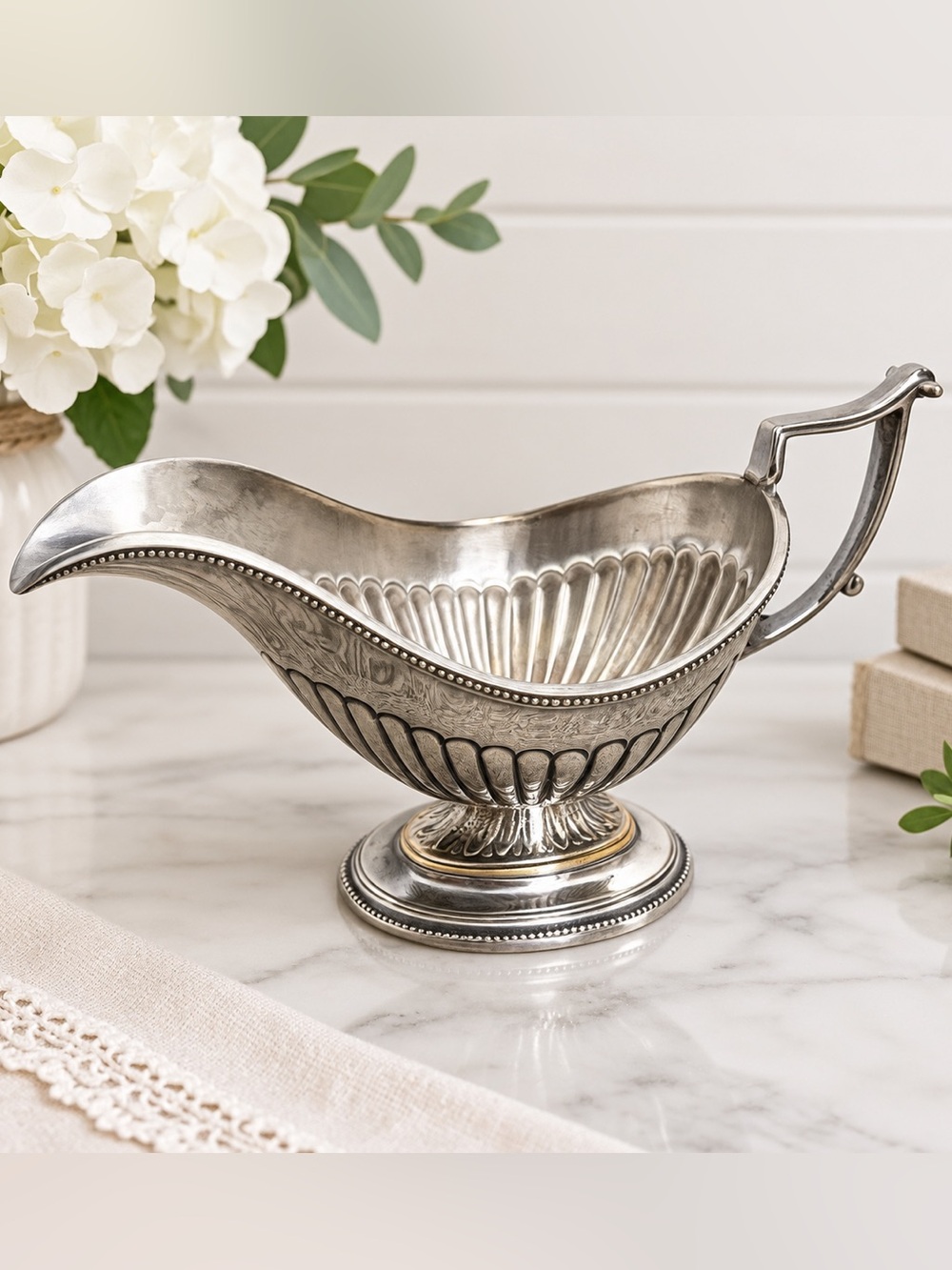 The Bombay Company Silver-Plated / Sterling Silver Fluted Gravy Boat- Beaded Rim